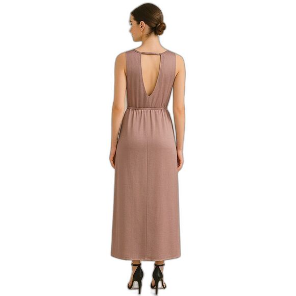 NEW Easel Small Rose Gold Maxi Dress Sleeveless Satin Tie Waist Pockets Keyhole - Picture 2 of 16